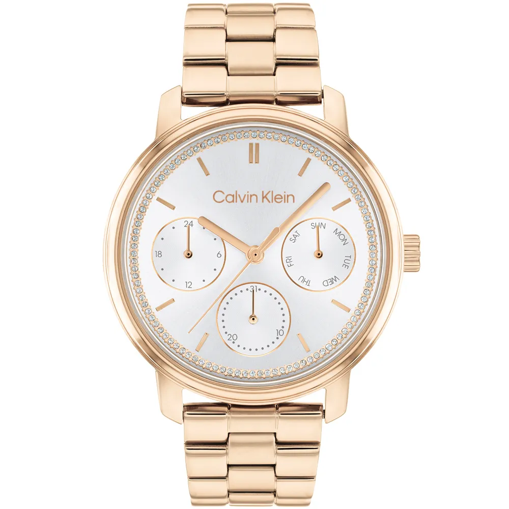 【Calvin Klein 凱文克萊】CK Shimmer系列多功能晶鑽三眼女錶-38mm 520送禮 禮物(25200178)