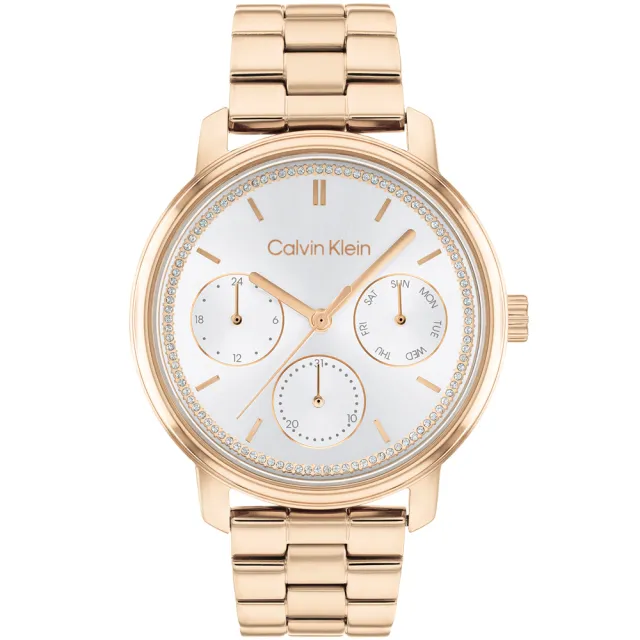 【Calvin Klein 凱文克萊】CK Shimmer系列多功能晶鑽三眼女錶-38mm 520送禮 禮物(25200178)