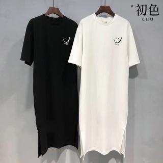 【初色】現貨 韓系百搭圖案印花圓領短袖開衩中長裙連衣裙連身洋裝長洋裝-共3色-33869(M-4XL可選/快速出貨)