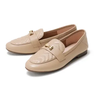 【DIANA】牛皮壓紋蝴蝶結釦飾平底樂福鞋(粉色)