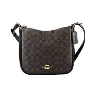【COACH】C LOGO防刮PVC 拼接皮革拉鍊斜背扁包(黑棕C)