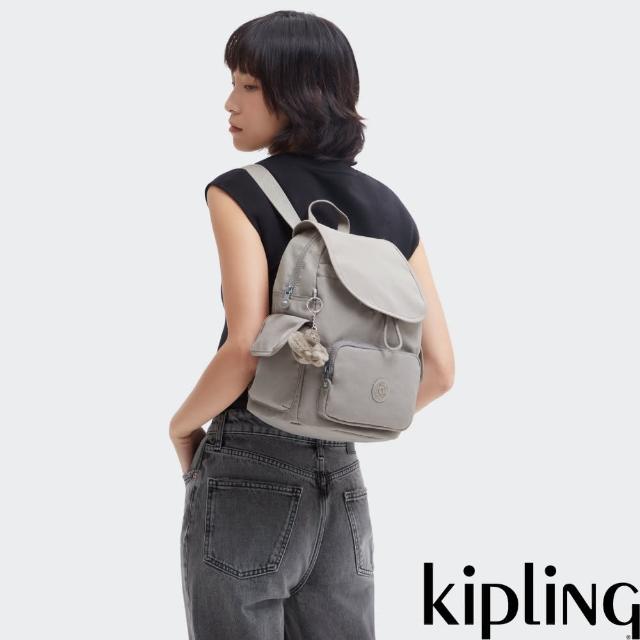 【KIPLING官方旗艦館】『猴子包』溫柔沉穩灰拉鍊掀蓋後背包-CITY PACK S