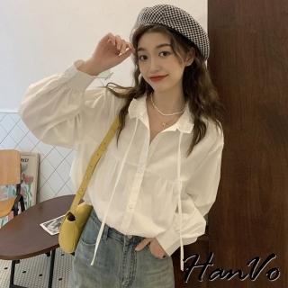 【HanVo】現貨 法式復古木耳邊領長袖襯衫(氣質風寬鬆休閒顯瘦上衣 韓國女裝 女生衣著 1888)