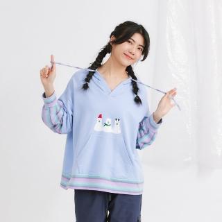 【Dailo】可愛聖誕羊駝條紋拼接連帽長袖上衣(藍 桔)