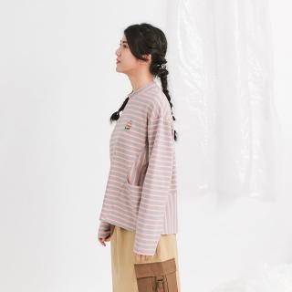 【Dailo】條紋拼接小漢堡繡花半高領長袖上衣(咖 灰)