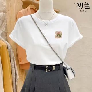 【初色】現貨 休閒風純色簡約印花圓領短袖T恤上衣女上衣-共2色-33890(M-4XL可選/快速出貨)