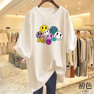 【初色】現貨 圓領笑臉印花寬鬆大碼遮肉休閒短袖T恤上衣-共10色-33897(M-3XL可選/快速出貨)