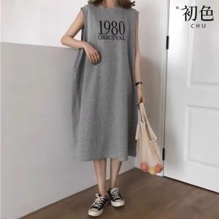 【初色】現貨 慵懶風涼感清爽寬鬆文字印花圓領無袖中長裙連身裙洋裝-灰色-33924(M-2XL可選/快速出貨)