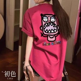 【初色】現貨 寬鬆舒適圖案印花中長款圓領短袖印花T恤上衣女上衣-共3色-33889(M-4XL可選/快速出貨)