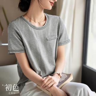 【初色】現貨 小香風素色條紋拼接顯瘦休閒寬鬆百搭短袖T恤上衣-淺灰色-34561(M-3XL可選/快速出貨)