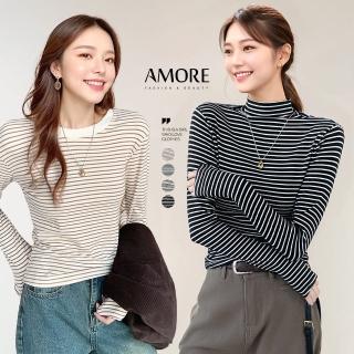 【Amore】秋冬暖膚感半高領保暖經典條紋長袖上衣4色M-XXL(秋冬保暖百搭上衣/圓領/半高領)