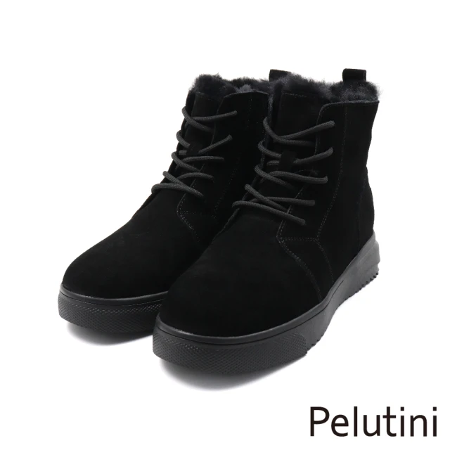 Pelutini 經典麂皮綁帶造型內絨毛保暖靴 黑色(538106W-BLS)