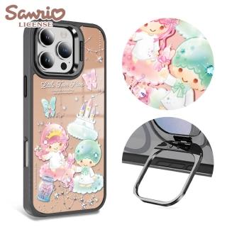 【apbs】三麗鷗 iPhone 16/15/14/13系列 軍規防摔合金框隱形立架鏡面彩鑽手機殼(夜空雙子星-黑框)