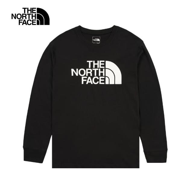 【The North Face】北面男女款黑色純棉品牌LOGO印花長袖上衣｜8D7RJK3