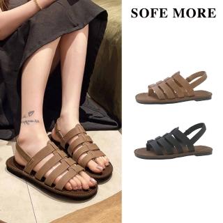 【SOFE MORE】超軟鞋底防滑羅馬涼鞋 彈性後跟調節 多條帶復古百搭夾腳拖鞋 防滑耐磨平底拖鞋(羅馬涼鞋)