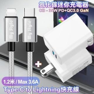 【CITY】35W Gan氮化鎵Type-C PD+USB快 充白+MyStyle Type-C to Lightning 耐彎折編織線-銀120cm