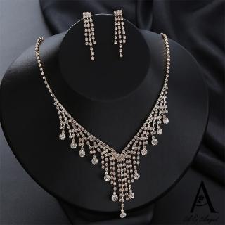 【ANGEL】閃耀爪鏈晶鑽華麗婚禮耳環項鍊二件組(2色可選)