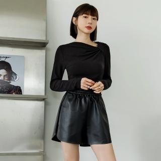 【OB 嚴選】素色造型褶皺領口收腰合身長袖上衣 《AB19958》
