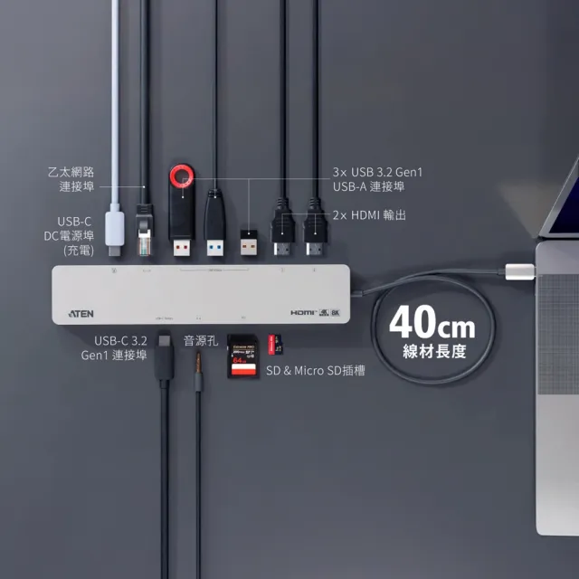【ATEN】USB-C 11合1雙4K擴充基座 HUB DOCK 集線器(UH3240)