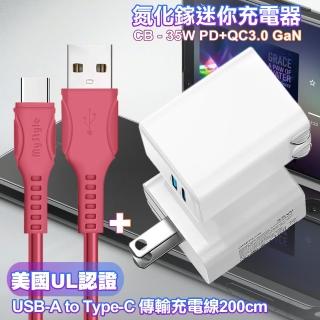 【CITY】35W Gan氮化鎵Type-C PD+USB快充白+MyStyle 國際UL認證線 USB to Type-C 快充線-桃紅200cm(1A1C)