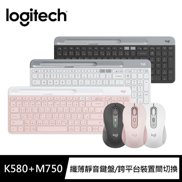 【Logitech 羅技】K580 超薄跨平台藍牙鍵盤 + M750多工靜音無線滑鼠