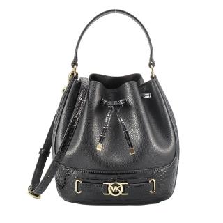 【Michael Kors】REED底部亮面獸紋寬底美型皮革手提/斜背/水桶包(黑)