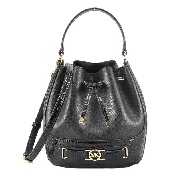 【Michael Kors】REED底部亮面獸紋寬底美型皮革手提/斜背/水桶包(黑)