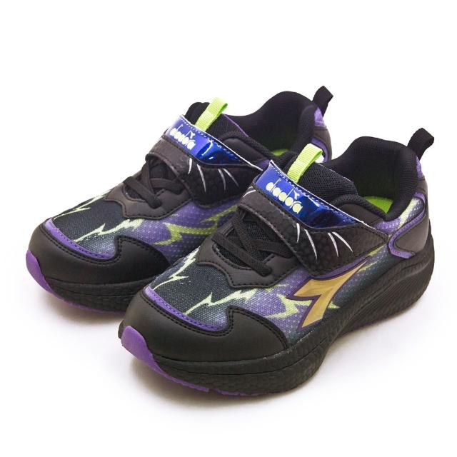 【DIADORA】中童 迪亞多那 19cm-23cm 輕量寬楦避震慢跑鞋 雷神系列(黑紫綠 13117)