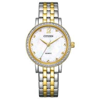 【CITIZEN 星辰】魅力璀璨晶鑽時尚石英女錶-白蝶貝x雙色/31.2mm(EL3104-54D)