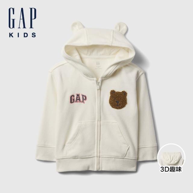 【GAP】嬰兒裝 Logo小熊刺繡熊耳造型連帽外套-白色(738652)