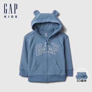 【GAP】嬰兒裝 Logo小熊刺繡熊耳造型連帽外套-灰藍色(738652)