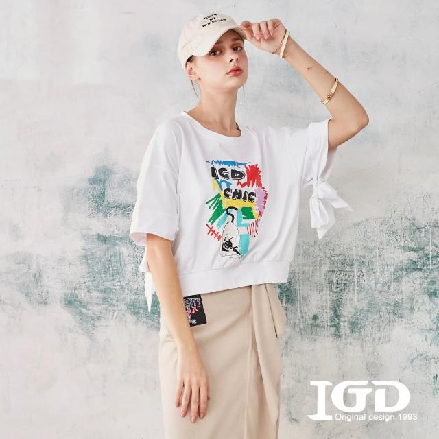 【IGD 英格麗】速達-網路獨賣款-貓咪印花落肩純棉上衣(白色)