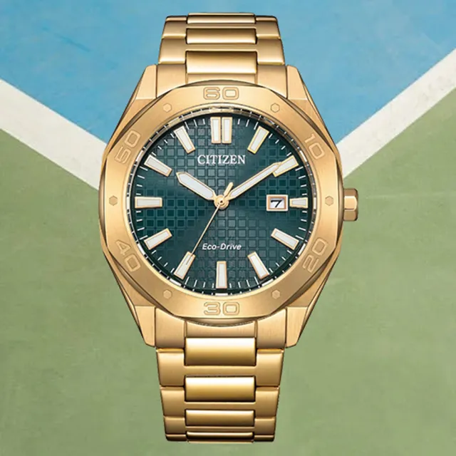 【CITIZEN 星辰】GENTS 八角鬥士時尚光動能男錶-綠x金/41mm(BM7633-81X)