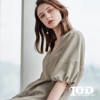 【IGD 英格麗】速達-網路獨賣款-澎袖V領波浪洋裝(卡其)