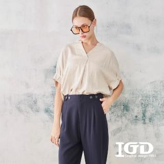 【IGD 英格麗】速達-網路獨賣款-亞麻亨利領打褶袖襯衫(卡其)