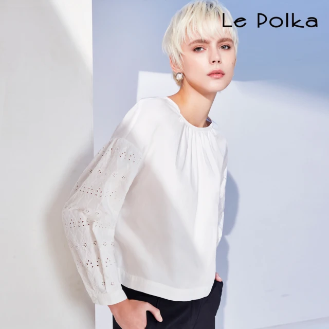 Le Polka 領抓皺蕾絲袖上衣-女