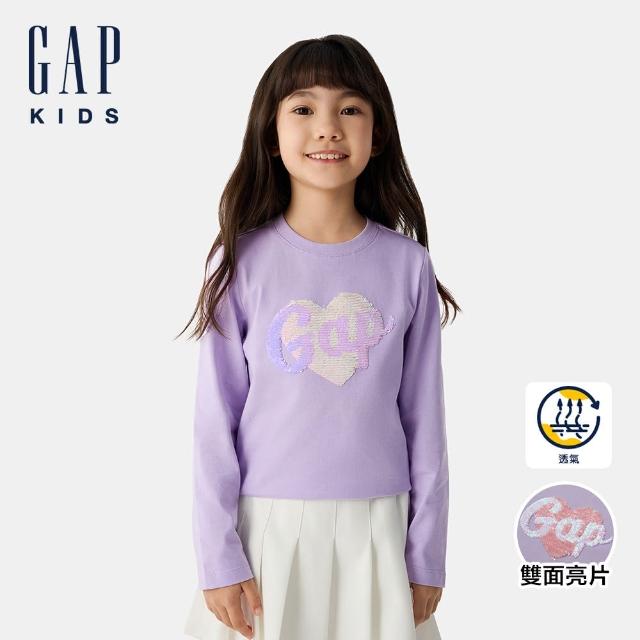 【GAP】女童裝 Logo純棉印花趣味圓領長袖T恤-淡紫色(675453)