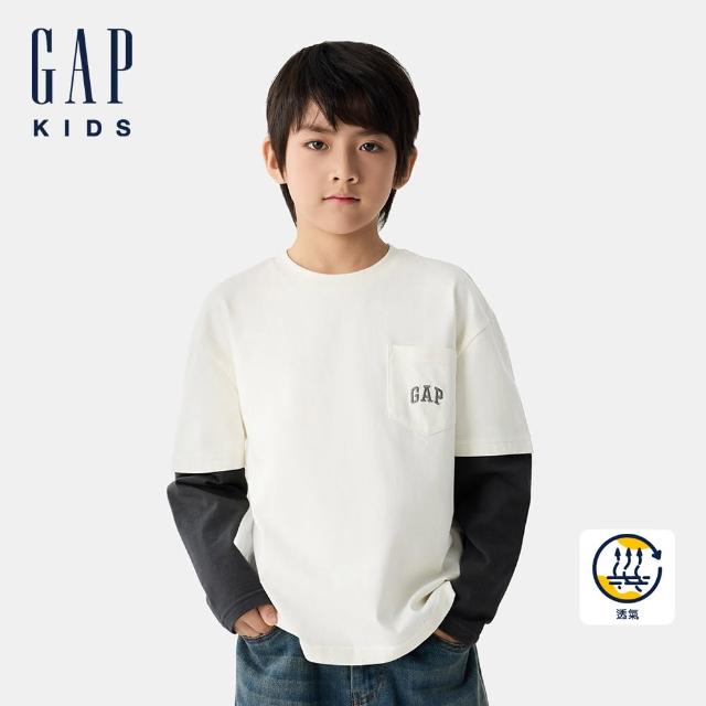 【GAP】兒童裝 Logo純棉刺繡/印花假兩件圓領長袖T恤-奶白色(674019)