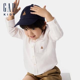 【GAP】兒童裝 純棉小熊刺繡翻領長袖襯衫-白色(675835)