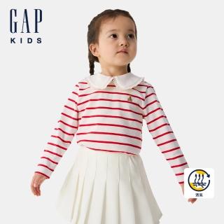 【GAP】兒童裝 純棉小熊刺繡翻領長袖T恤-紅色條紋(687706)
