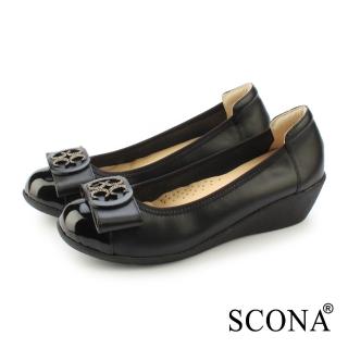 【SCONA 蘇格南】全真皮 時尚舒適楔型娃娃鞋(黑色 31247-1)