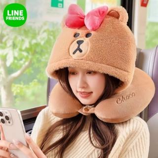【LINE FRIENDS】熊大熊美造型便攜帶帽U型枕午睡枕(飛機枕 旅行枕 護頸枕)