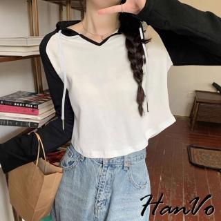 【HanVo】現貨 連帽撞色短版長袖衣(休閒百搭針織上衣 韓系女裝 女生衣著 A02-0590)