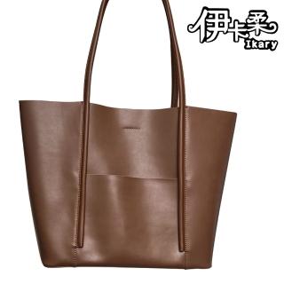 【Ikary 伊卡柔】618 真皮 真牛皮簡約車縫壓線不修邊肩背托特包(真皮包包 10098)