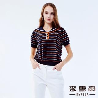 【MYVEGA 麥雪爾】海軍風跳色橫紋針織上衣-深藍