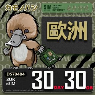 【鴨嘴獸Platypi.IF】3UK eSIM 歐洲 30天30GB(eSIM 免插卡上網絡卡 旅遊卡)