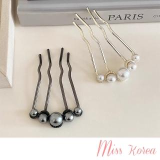 【MISS KOREA】水鑽髮夾 珍珠髮夾/韓國設計優雅波浪水鑽珍珠造型盤髮夾 髮簪 盤髮梳(2色任選)