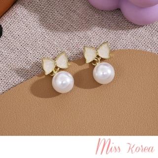 【MISS KOREA】韓國設計S925銀針彩釉蝴蝶結可愛珍珠造型耳環(S925耳環 蝴蝶結耳環 珍珠耳環)
