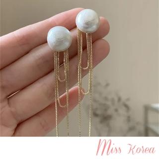 【MISS KOREA】韓國設計時尚氣質大珍珠金屬流蘇鍊造型長耳環(珍珠耳環 金屬耳環 流蘇鍊耳環)