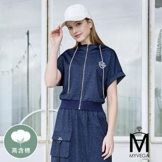 【MYVEGA 麥雪爾】MA高含棉仿牛仔套裝連帽上衣-深藍(上下身分開販售)